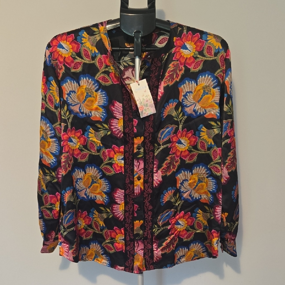 Johnny Was Floral Button Down Silk Shirt
